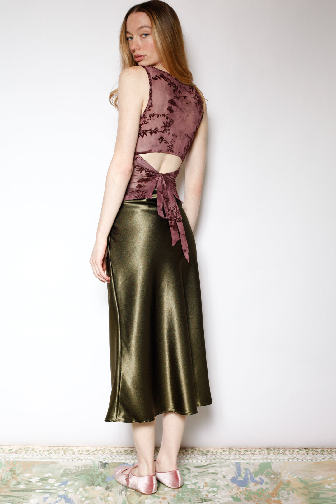 Silk Satin Green Midi Skirt