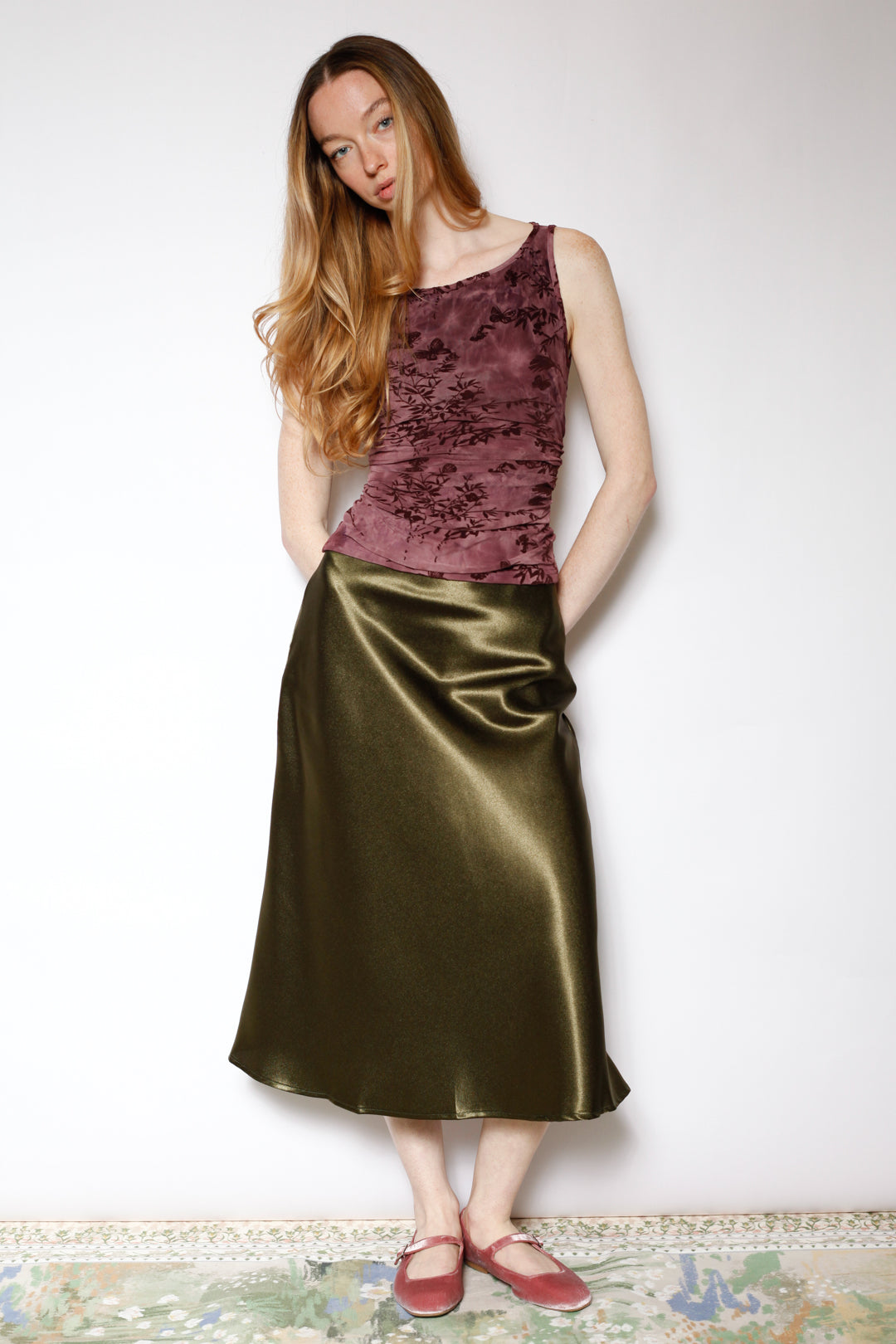 Silk Satin Green Midi Skirt