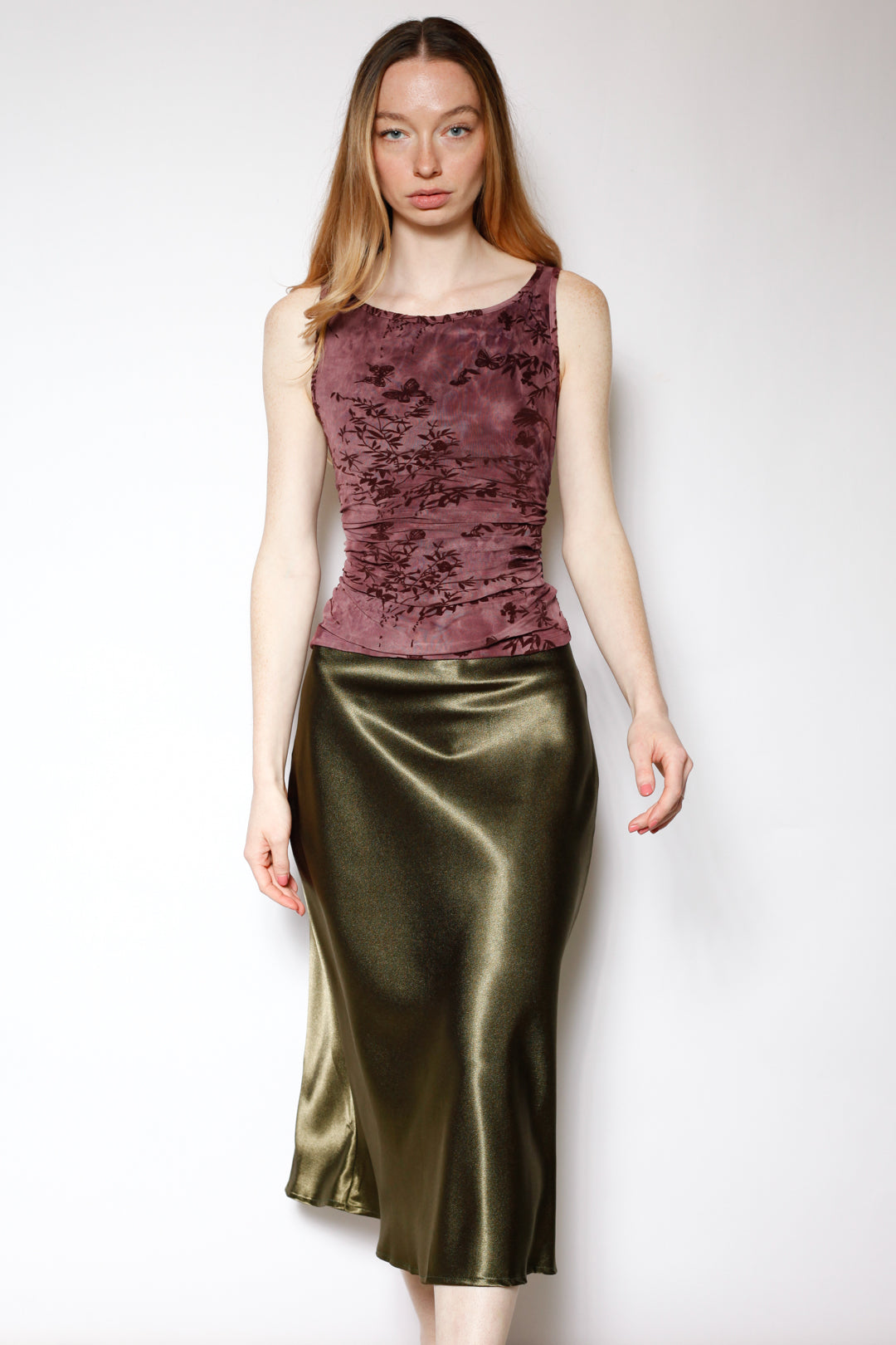 Silk Satin Green Midi Skirt