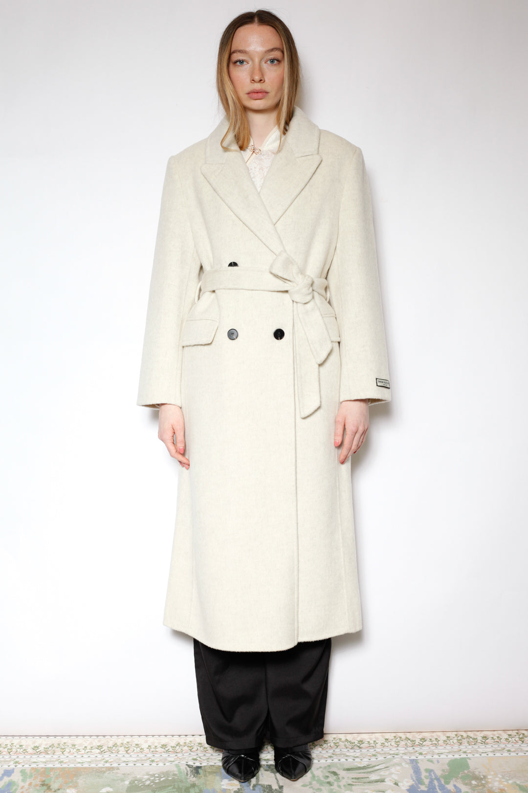 100% Merino Wool White Tailored Belted Coat