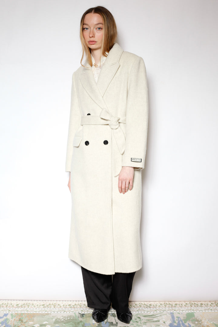 100% Merino Wool White Tailored Belted Coat