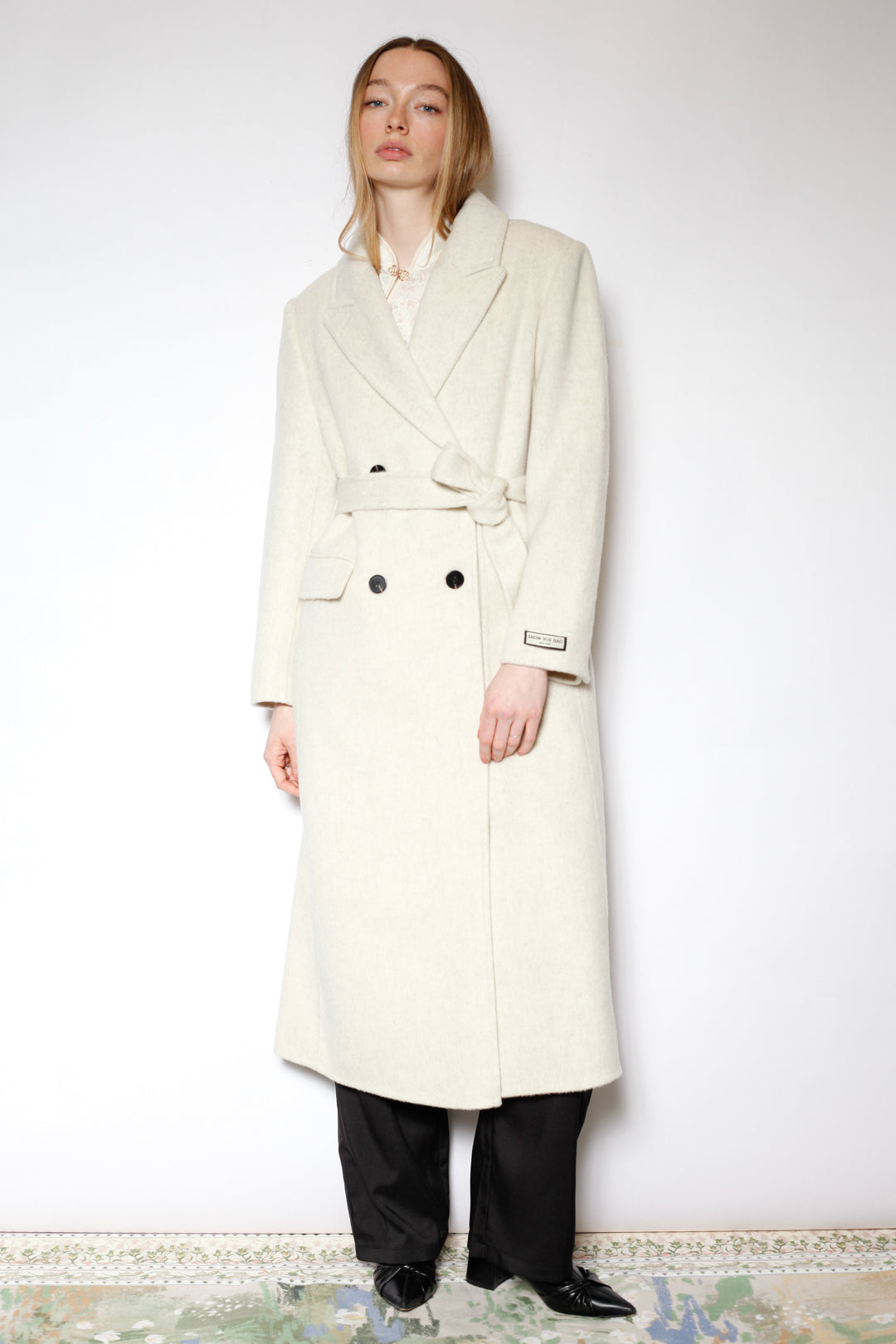 100% Merino Wool White Tailored Belted Coat