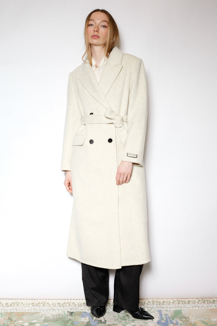 100% Merino Wool White Tailored Belted Coat