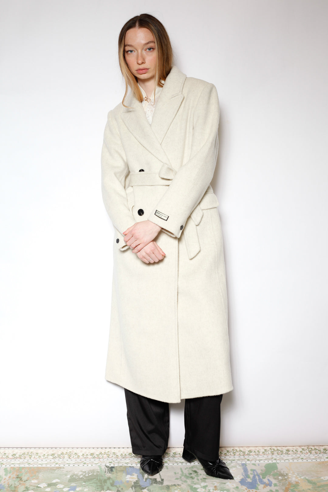 100% Merino Wool White Tailored Belted Coat
