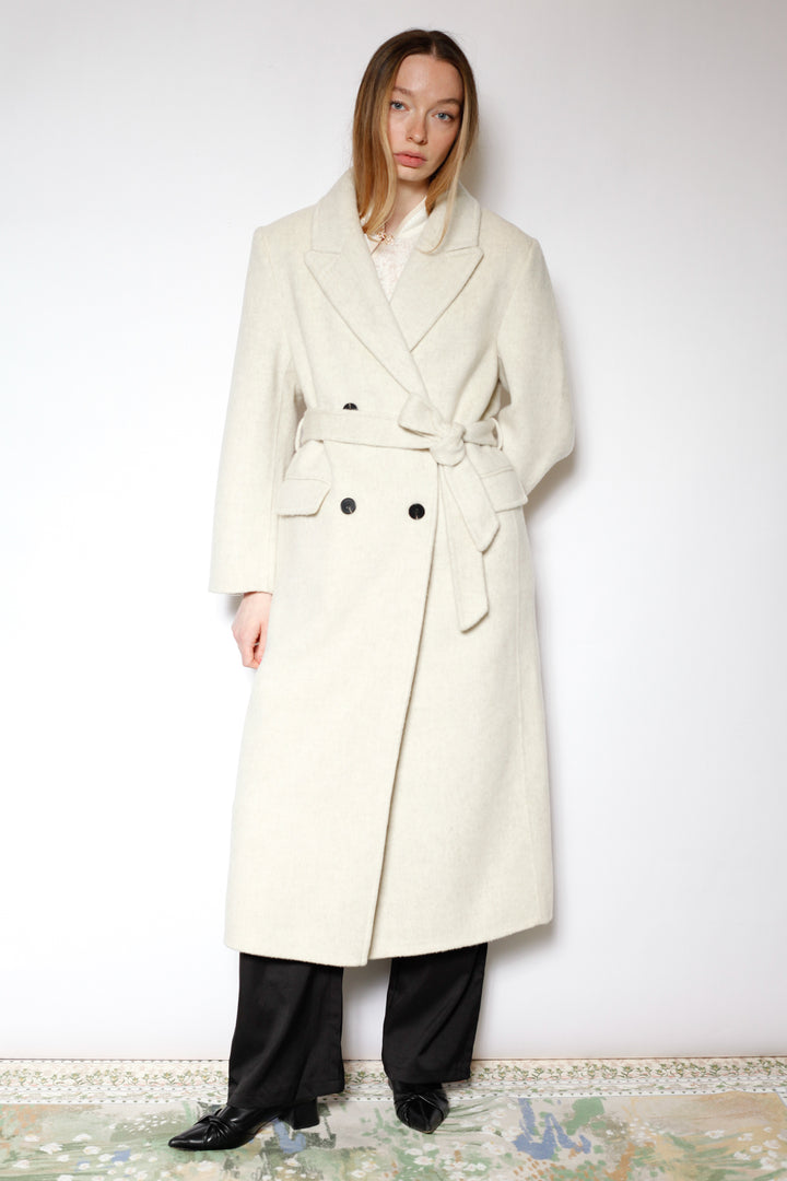 100% Merino Wool White Tailored Belted Coat
