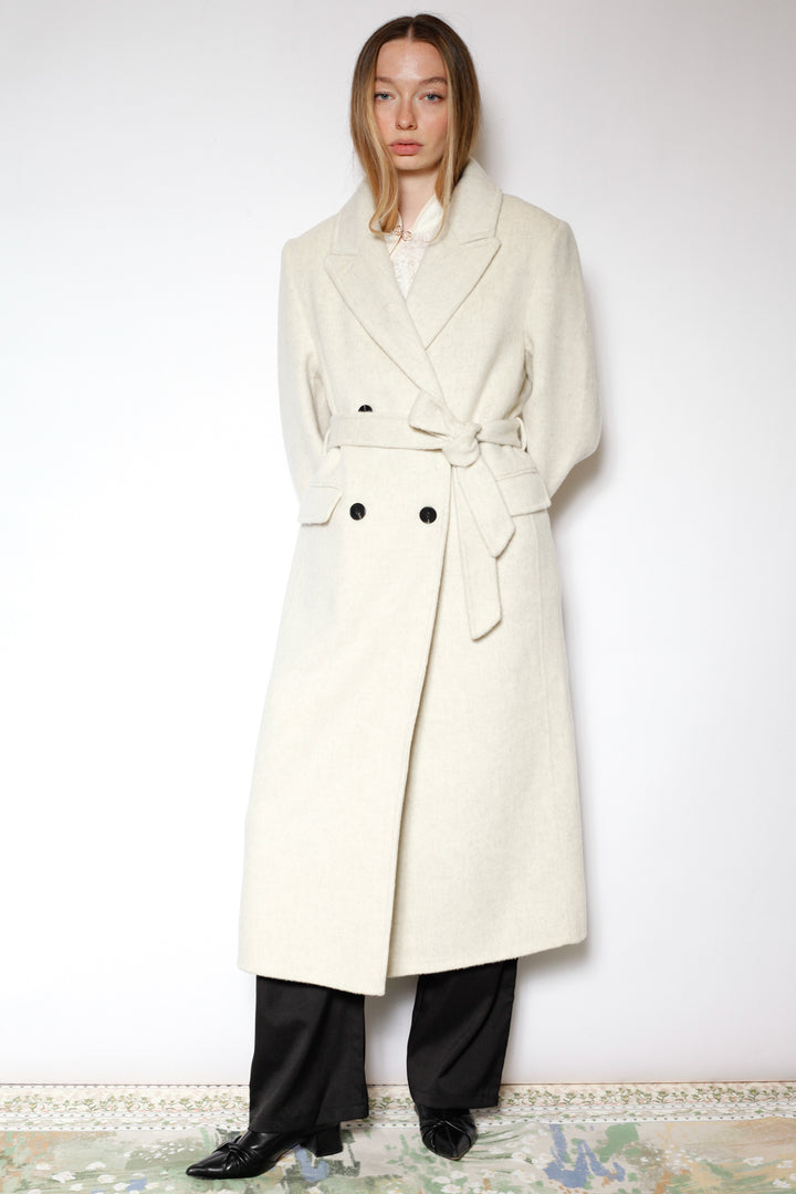 100% Merino Wool White Tailored Belted Coat