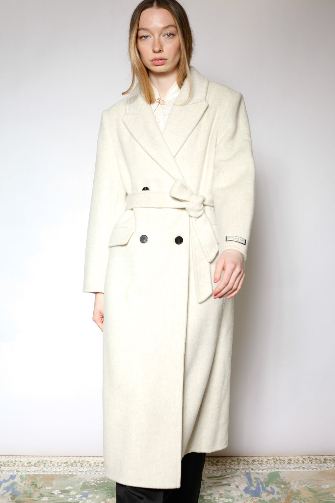 100% Merino Wool White Tailored Belted Coat