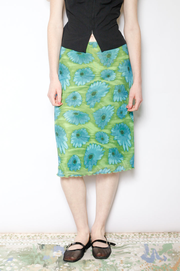 Cotton Mesh Green Floral Skirt