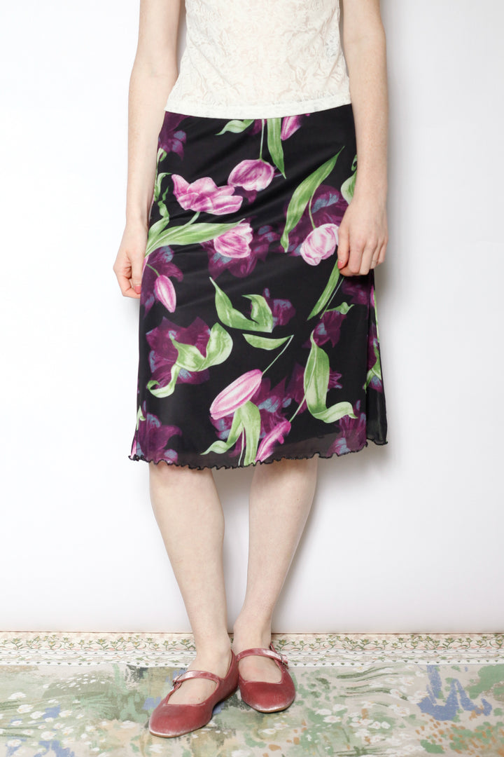 Cotton Mesh Black Floral Skirt
