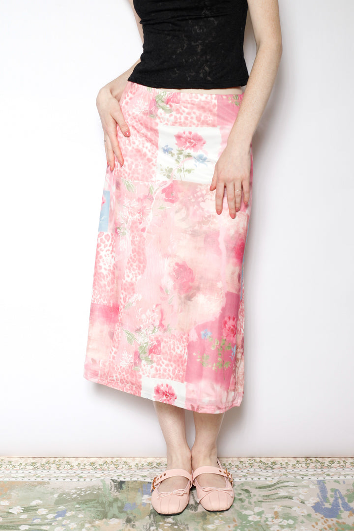 Cotton Mesh Collage Floral Midi Skirt