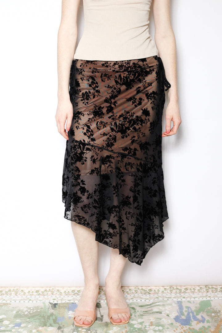 Cotton Mesh Black Floral Asymmetrical Skirt