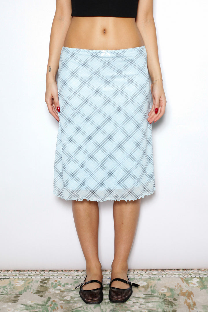 Cotton Mesh Blue Plaid Midi Skirt