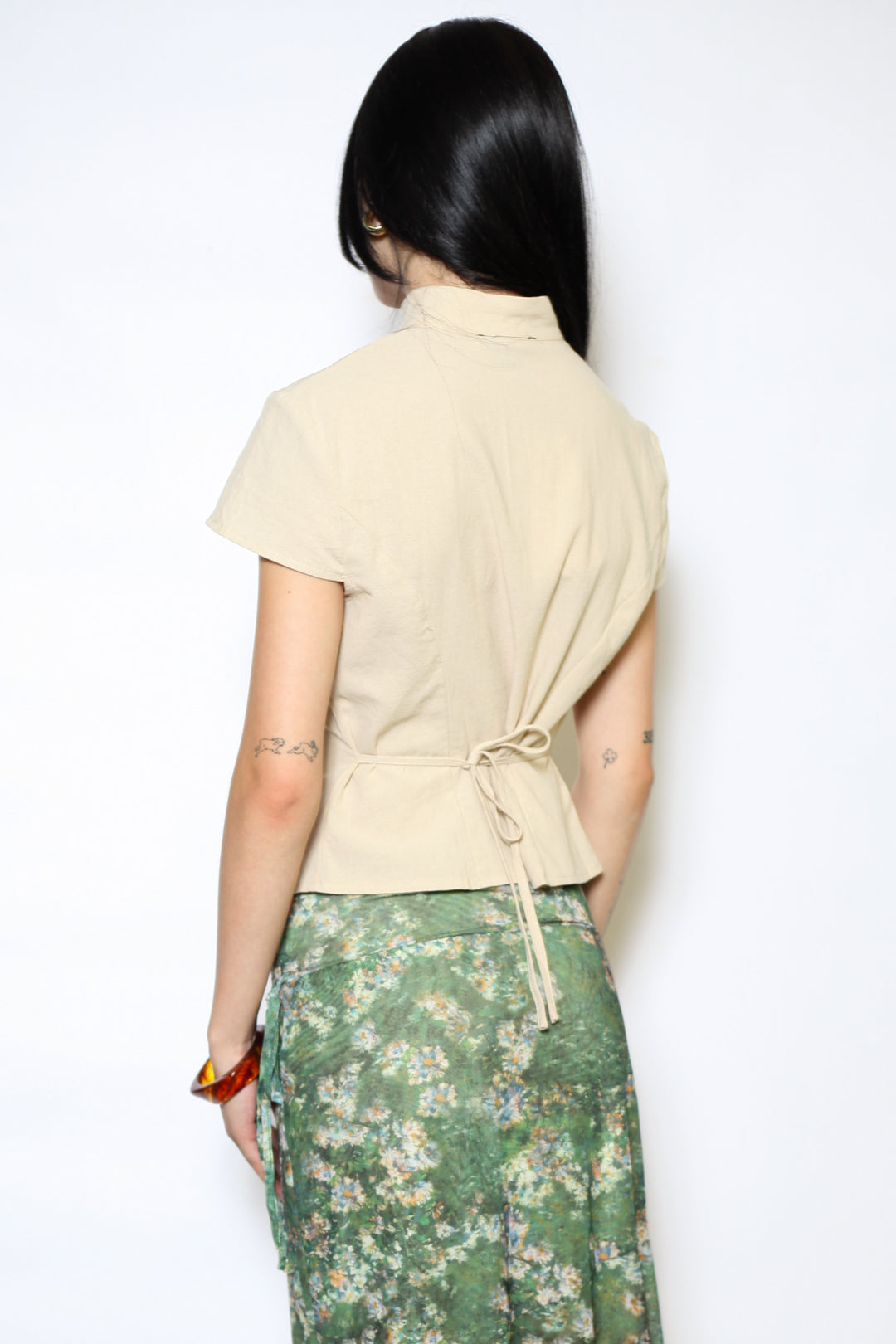 Cotton Beige Tie Waist Mandarin Collar Top