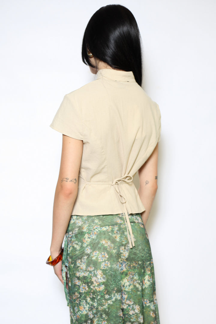 Cotton Beige Tie Waist Mandarin Collar Top