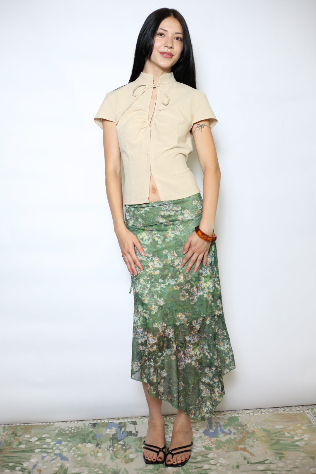 Cotton Beige Tie Waist Mandarin Collar Top