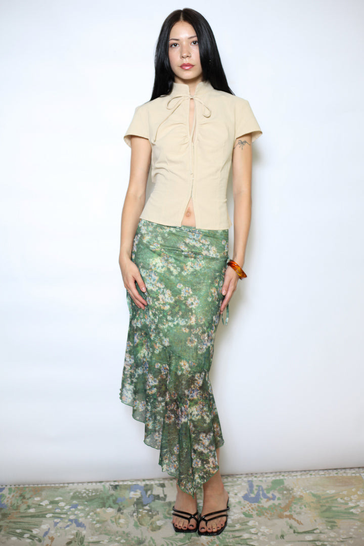 Cotton Beige Tie Waist Mandarin Collar Top