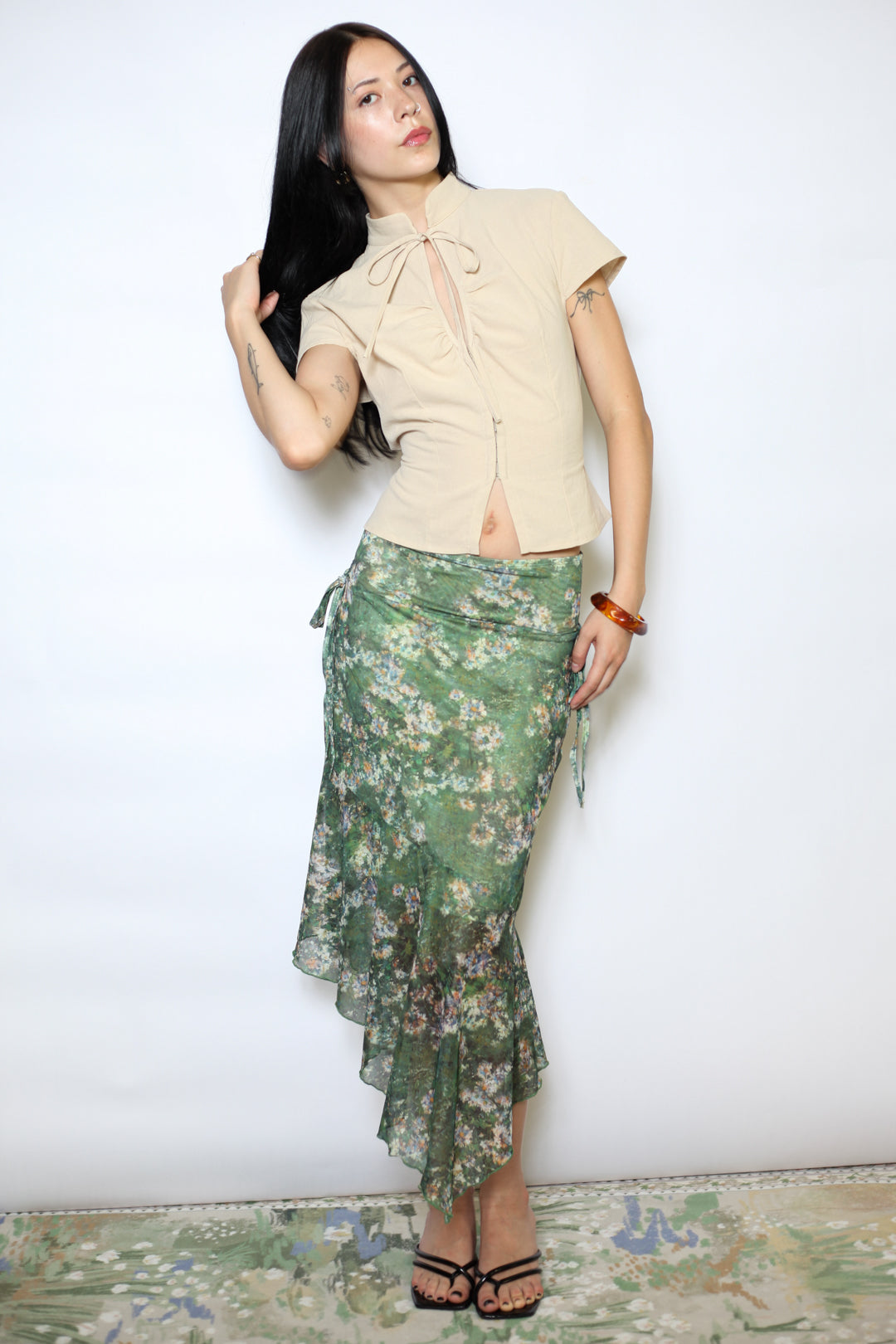 Cotton Beige Tie Waist Mandarin Collar Top