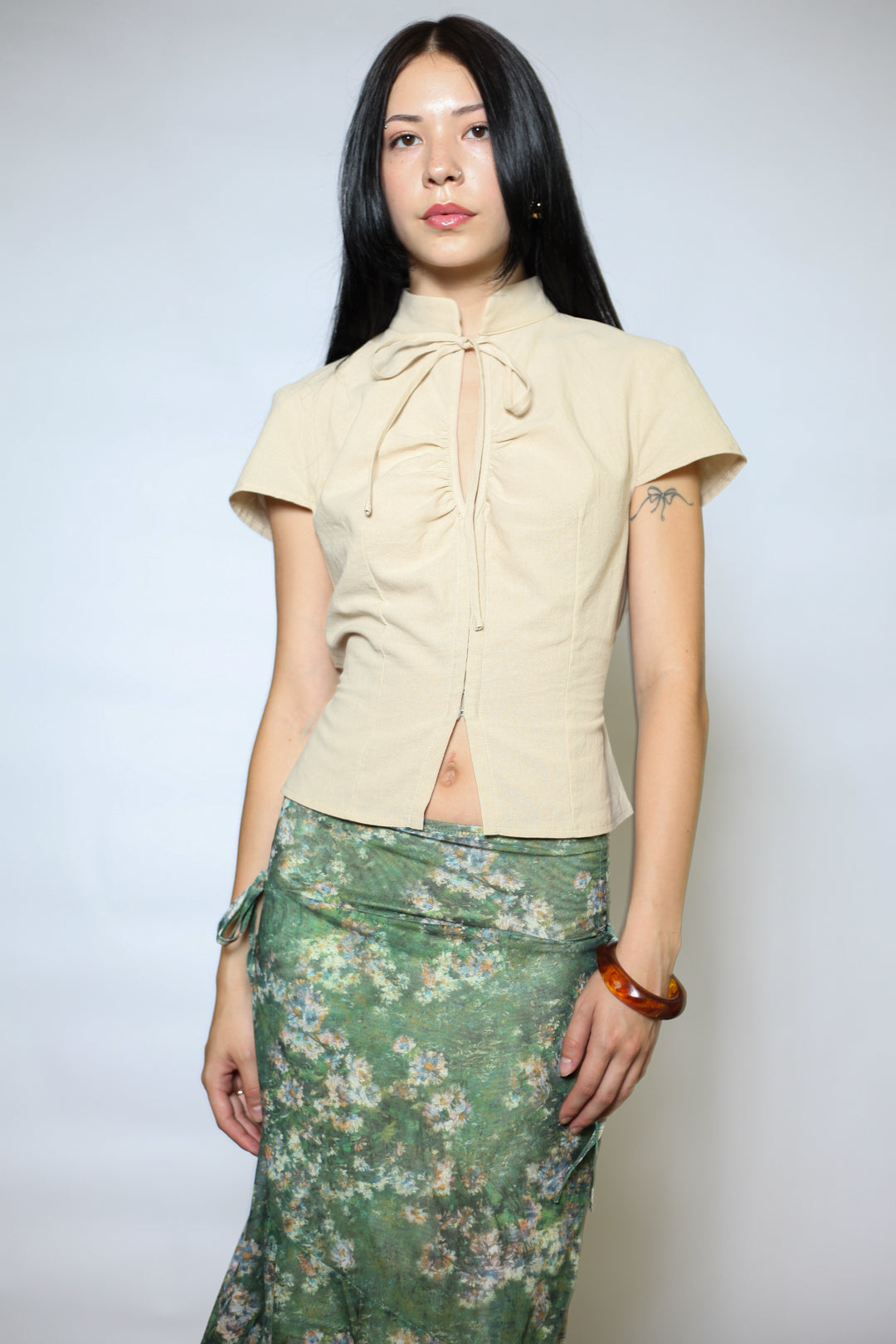 Cotton Beige Tie Waist Mandarin Collar Top