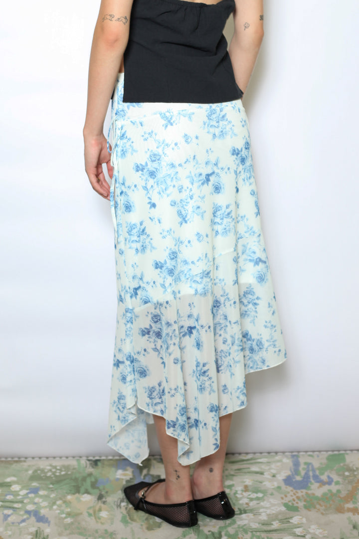 Cotton Blue Floral Printed Mesh Midi Skirt