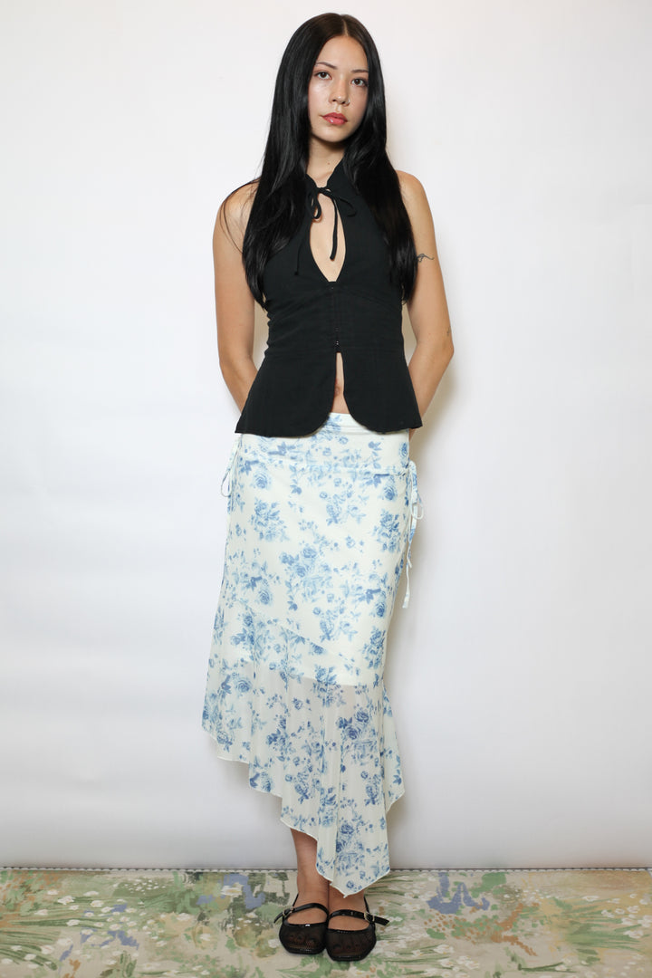 Cotton Blue Floral Printed Mesh Midi Skirt