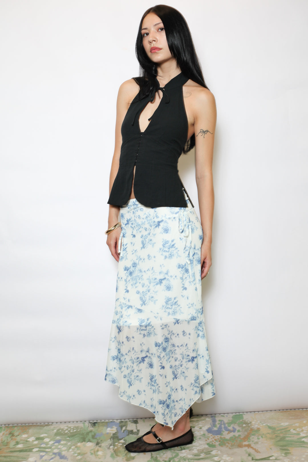 Cotton Blue Floral Printed Mesh Midi Skirt