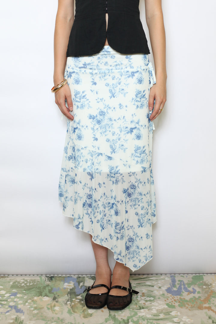 Cotton Blue Floral Printed Mesh Midi Skirt