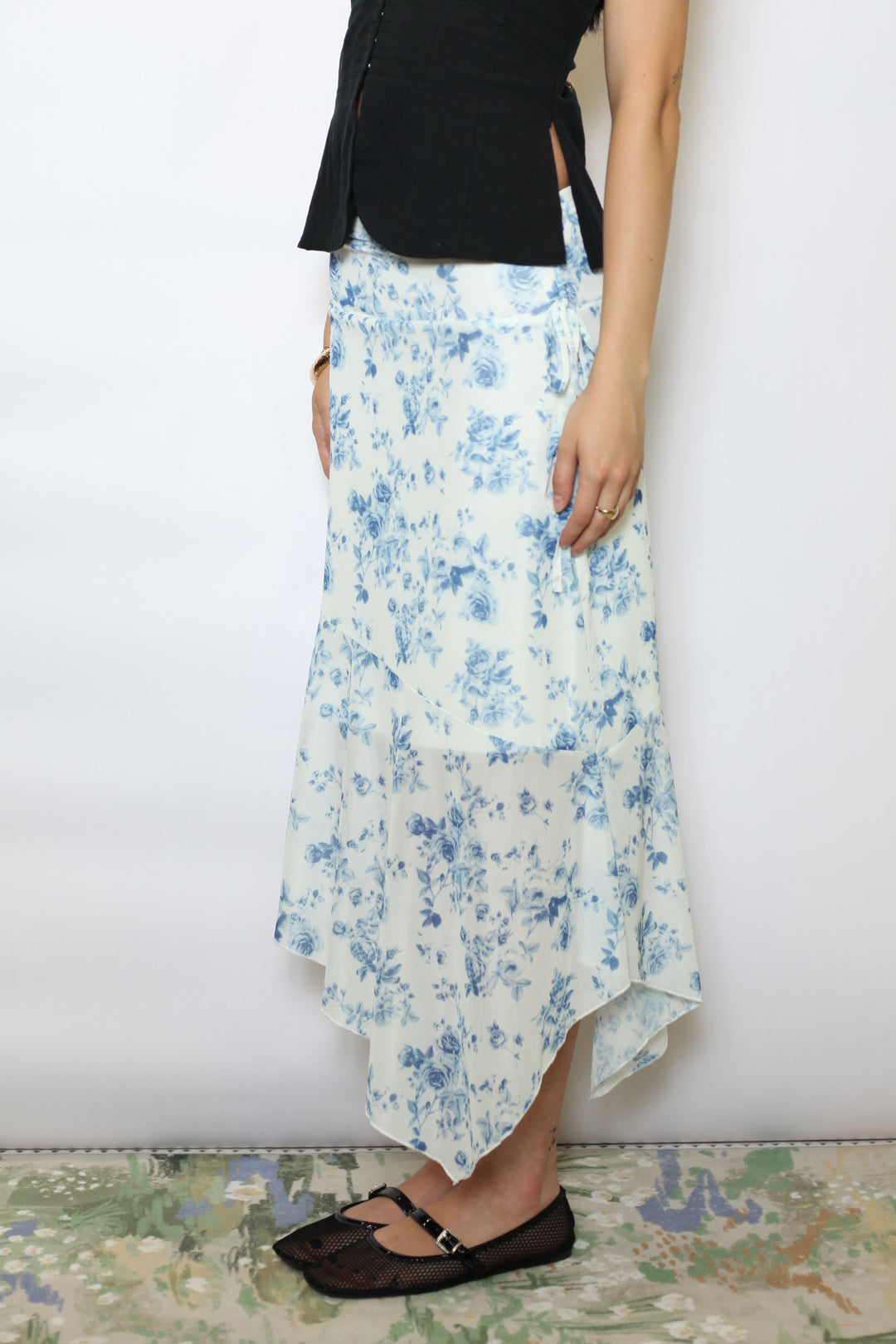 Cotton Blue Floral Printed Mesh Midi Skirt