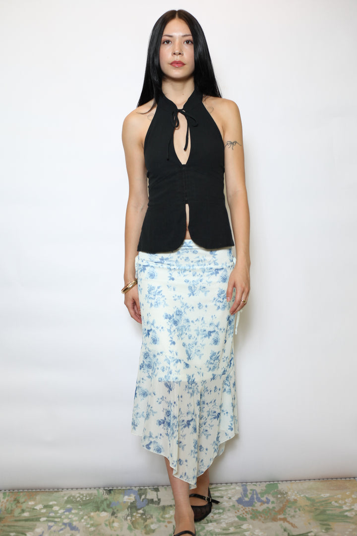 Cotton Blue Floral Printed Mesh Midi Skirt
