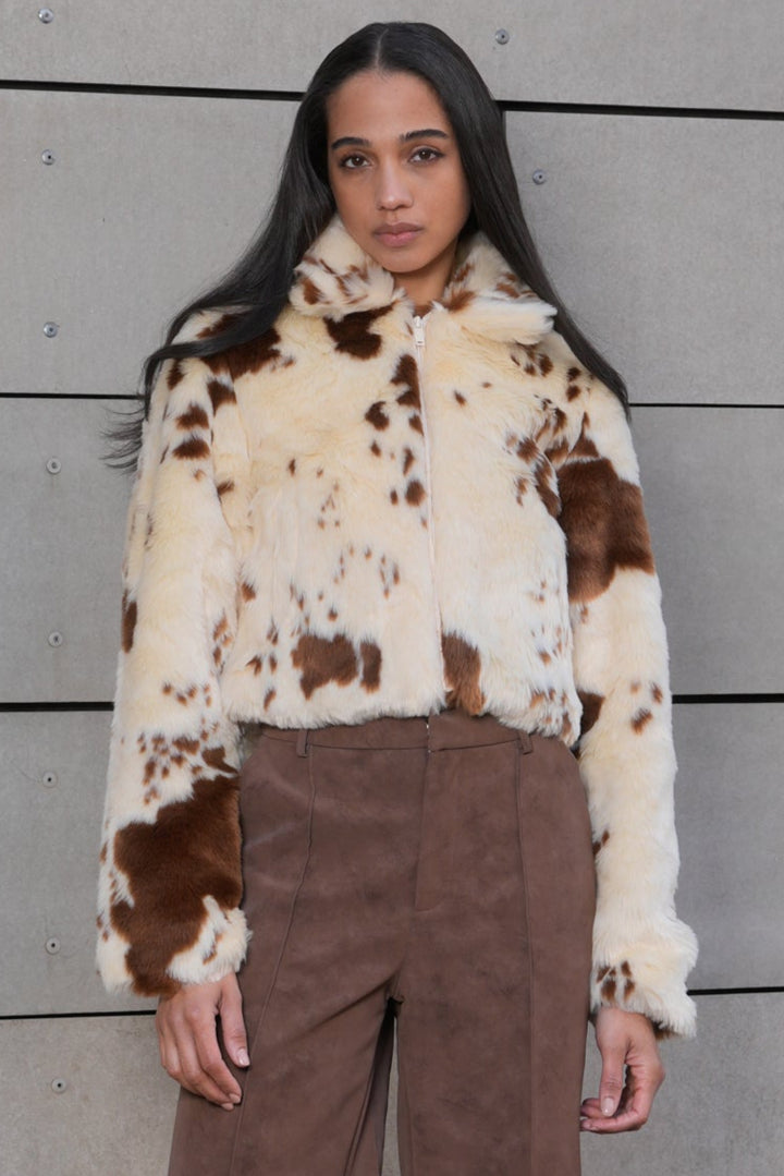 Wool-Blend Printed Faux Fur Jacket