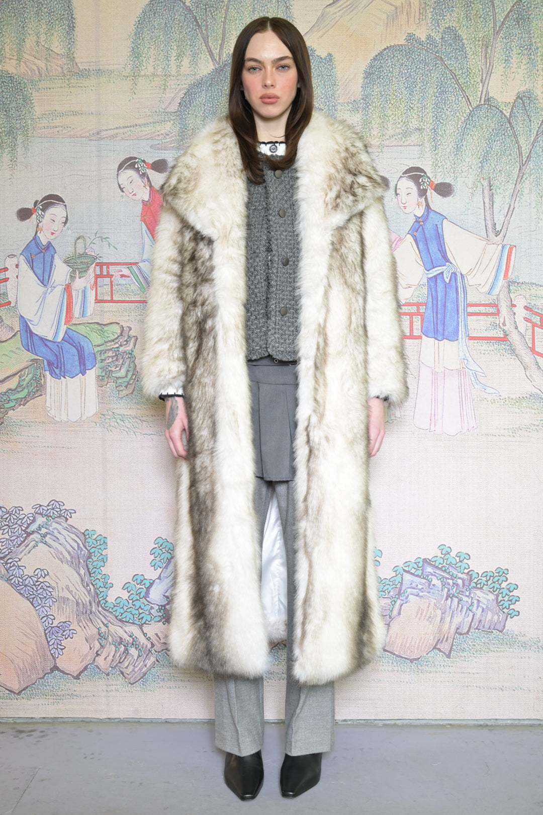 Heavy Wool Faux Fur White Long Coat