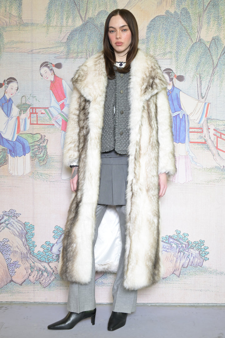 Heavy Wool Faux Fur White Long Coat