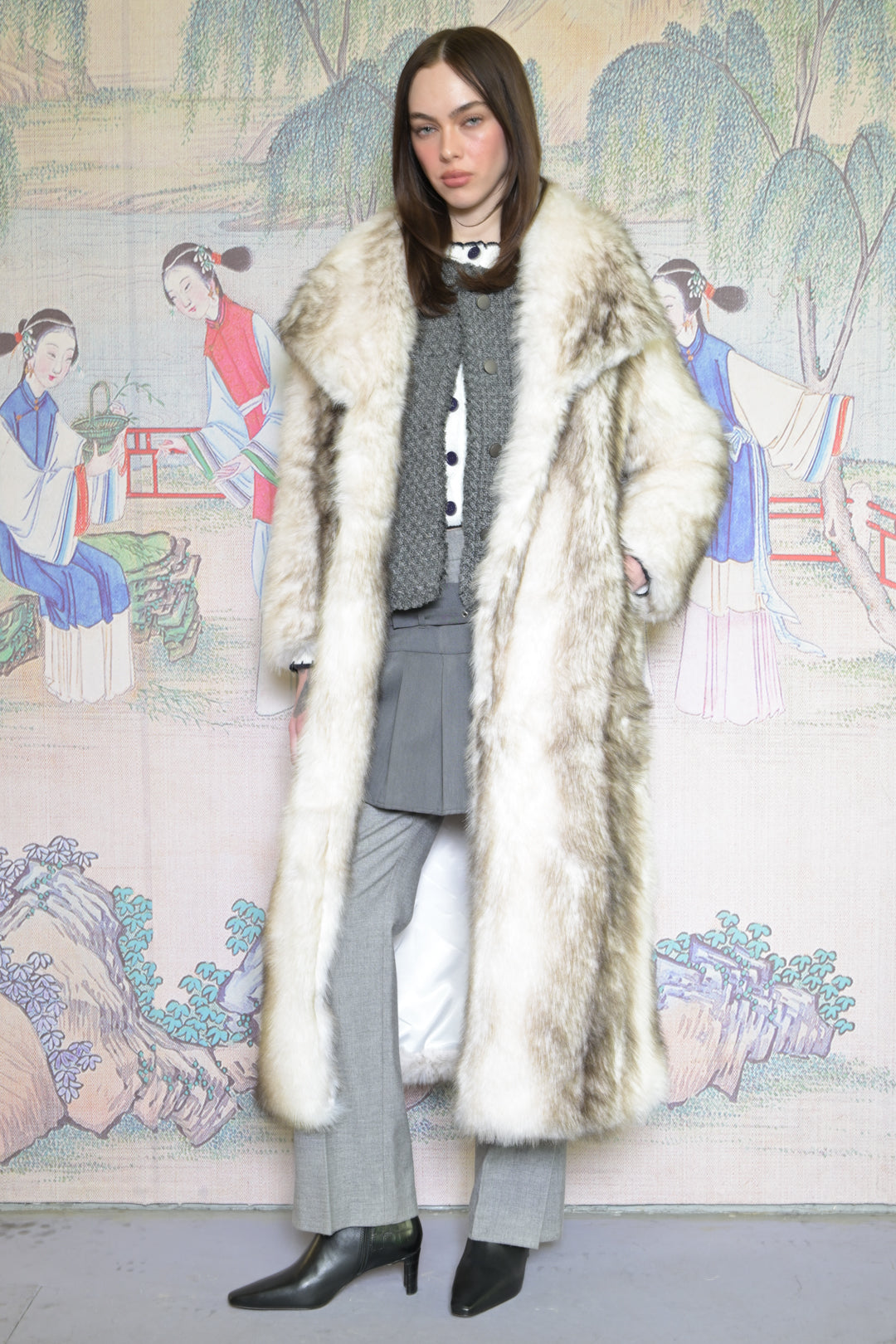 Heavy Wool Faux Fur White Long Coat