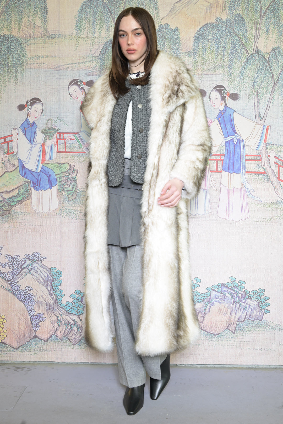 Heavy Wool Faux Fur White Long Coat