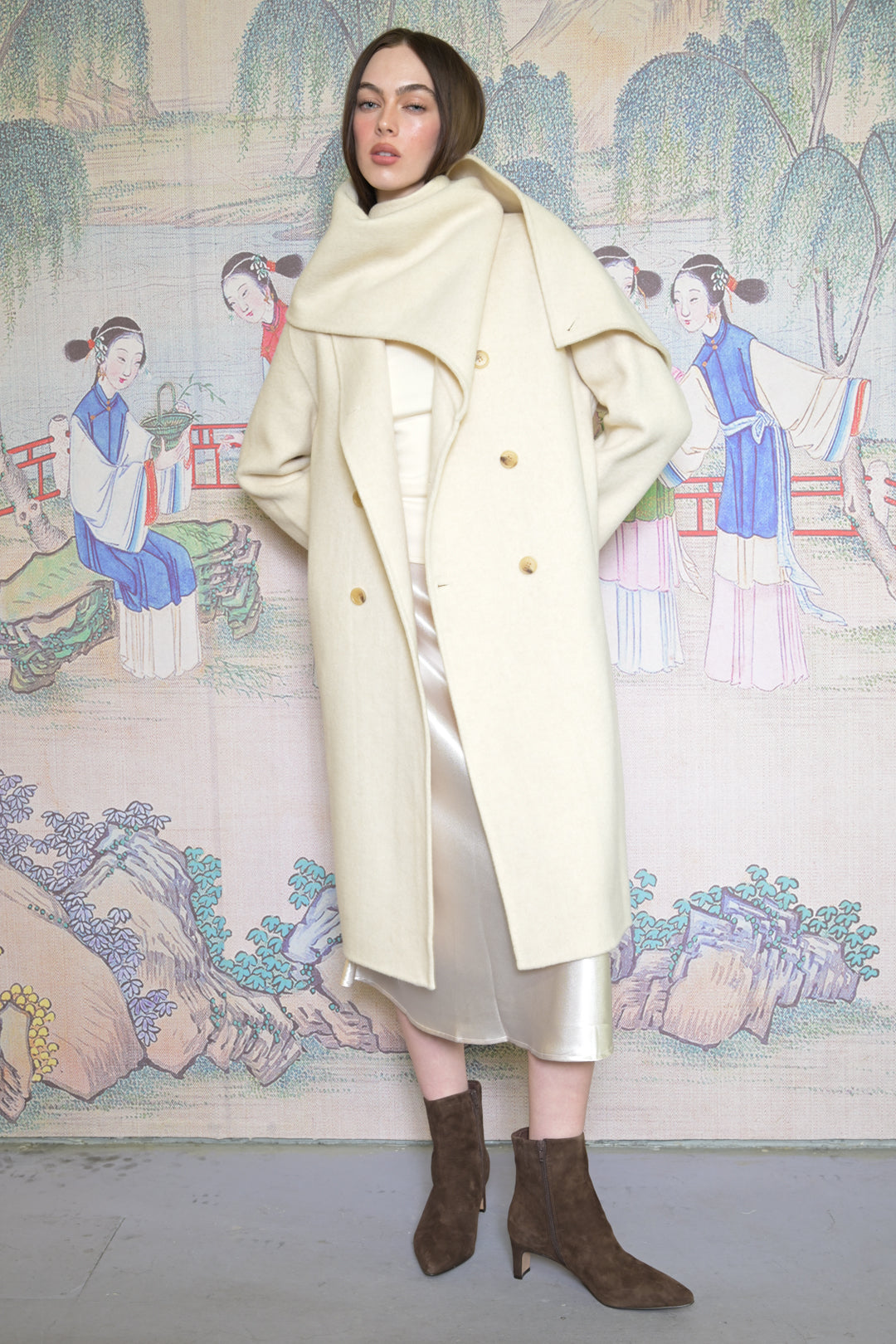 100% Merino Wool Ivory Scarf Coat