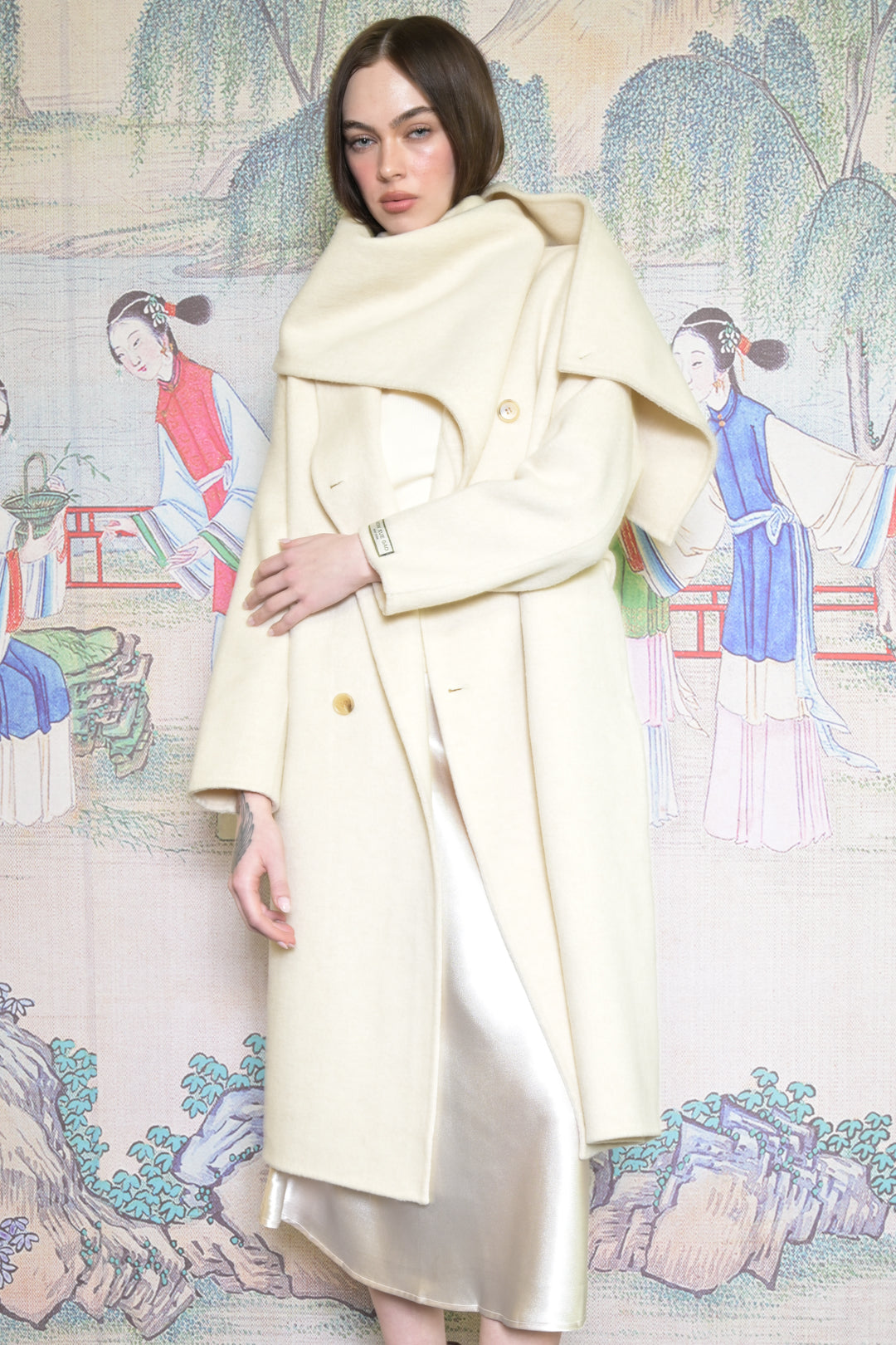 100% Merino Wool Ivory Scarf Coat