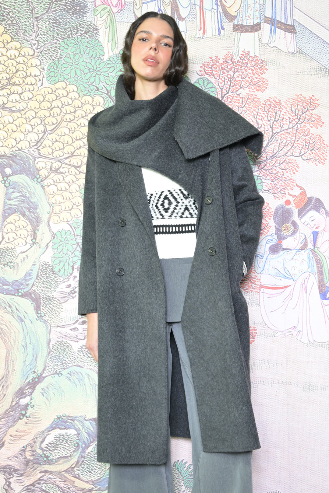 100% Merino Wool Gray Scarf Coat