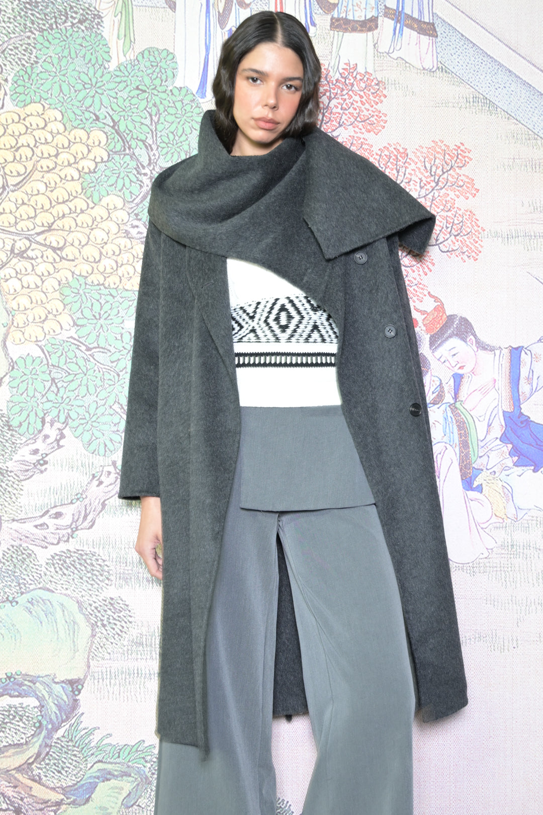 100% Merino Wool Gray Scarf Coat