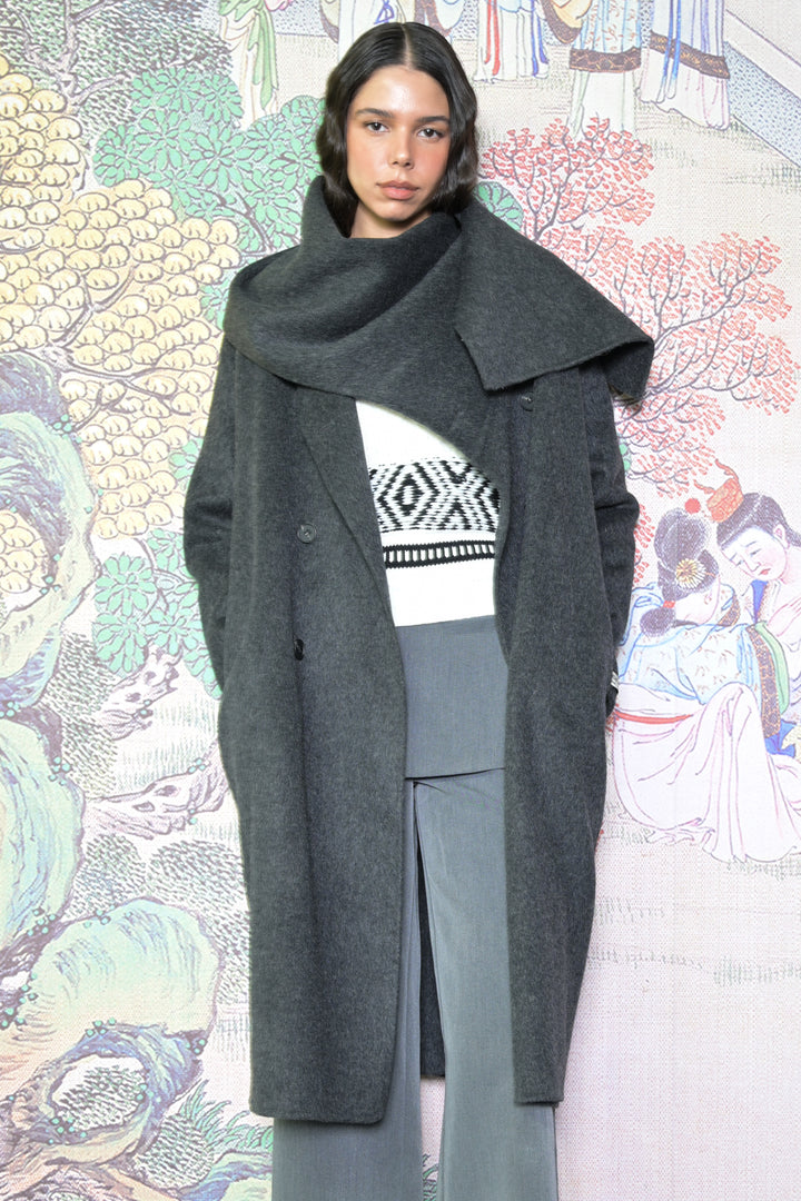 100% Merino Wool Gray Scarf Coat