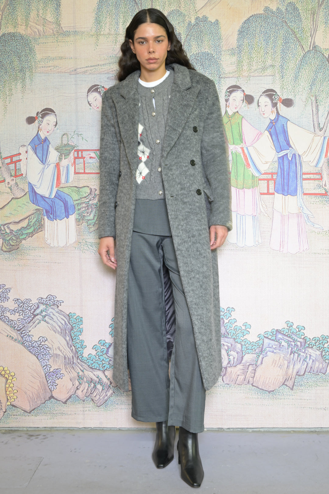 100% Merino Wool Grey Structured Long Coat