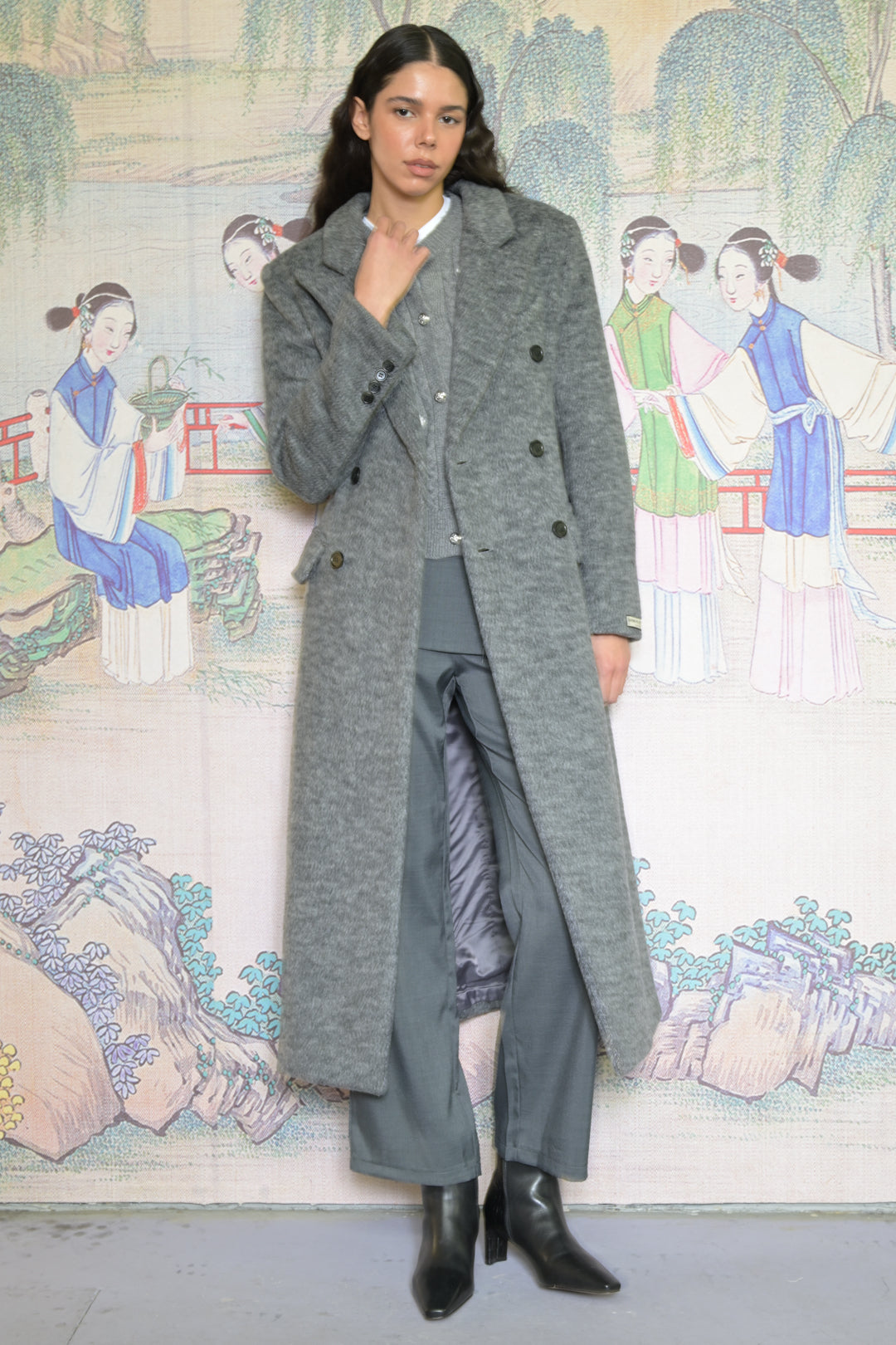 100% Merino Wool Grey Structured Long Coat