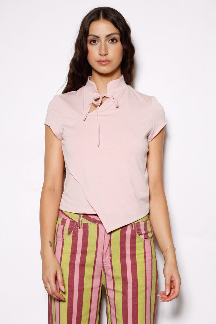 Cotton Pink Asymmetrical Tie Neck Top