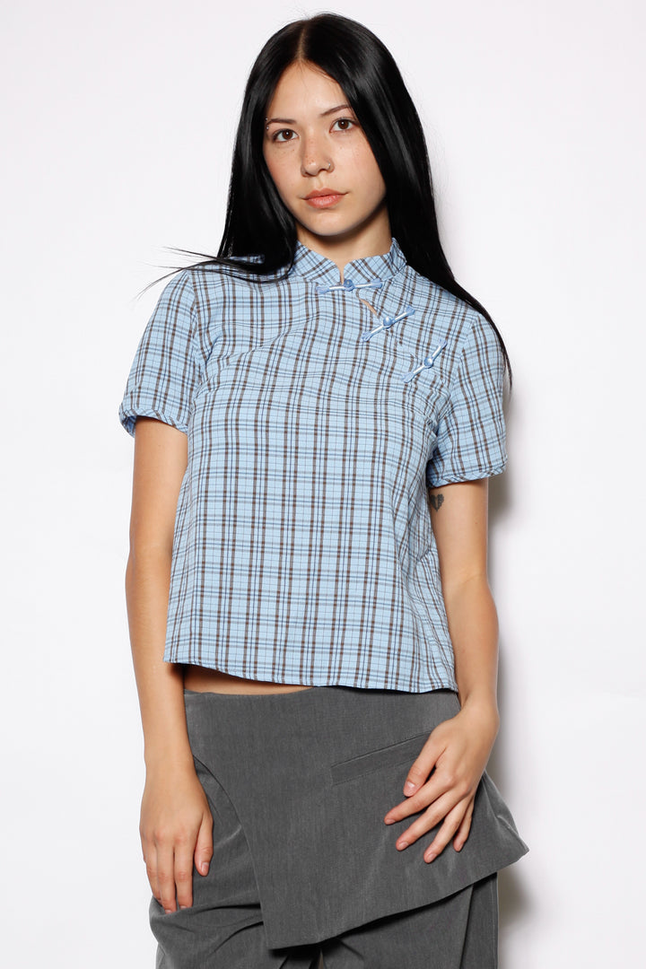 Cotton Blue Poplin Qipao Style Top
