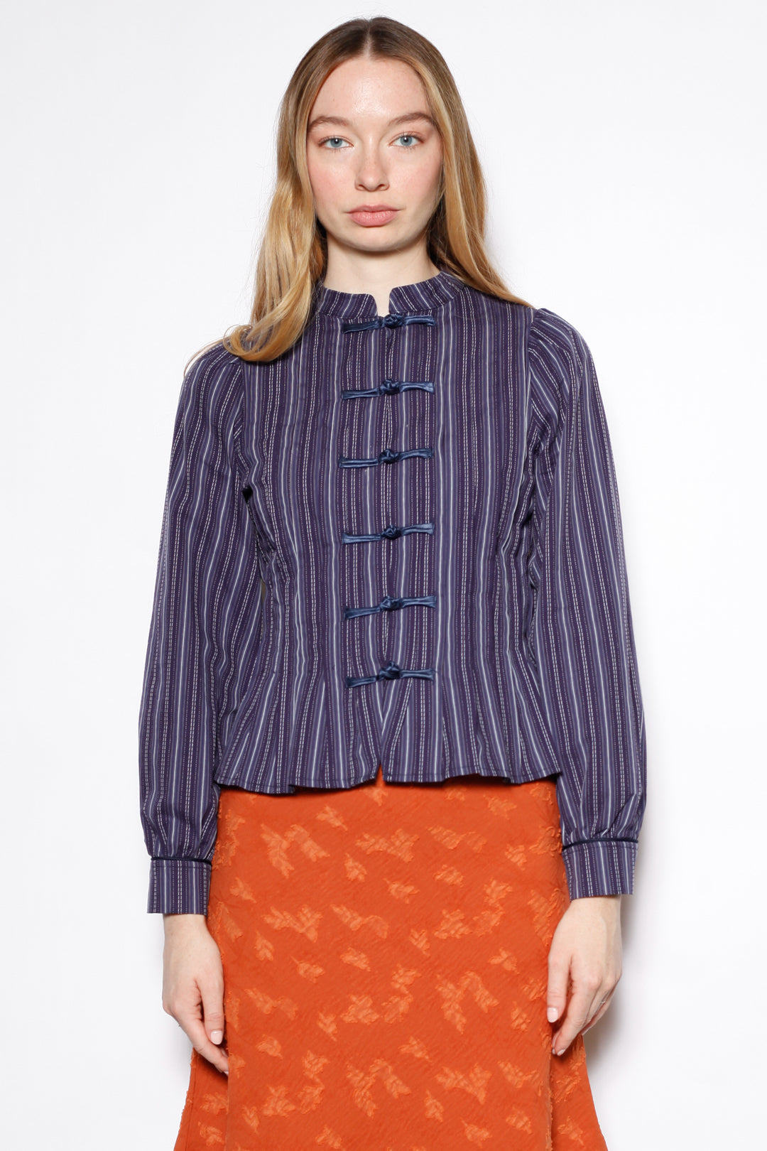 Navy Stripe Cotton Frog Closure Shirt