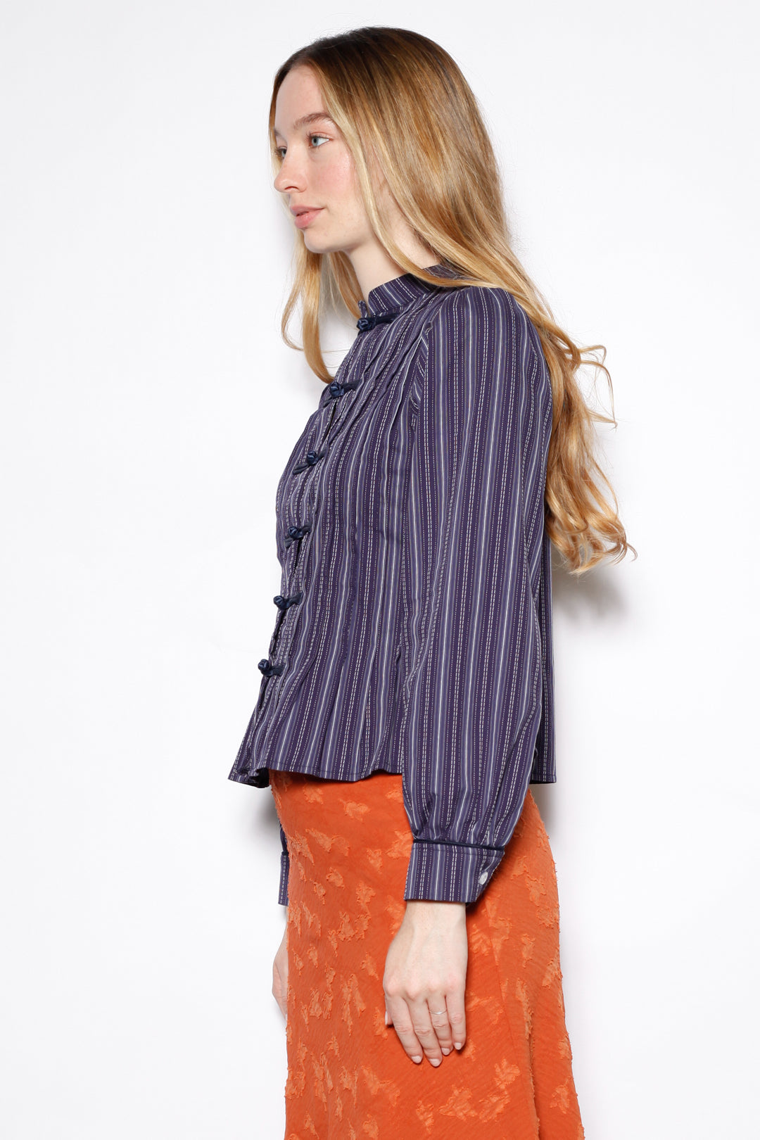 Navy Stripe Cotton Frog Closure Shirt