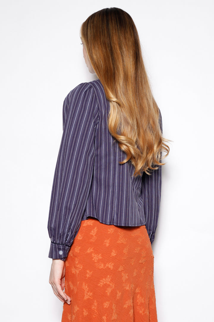 Navy Stripe Cotton Frog Closure Shirt