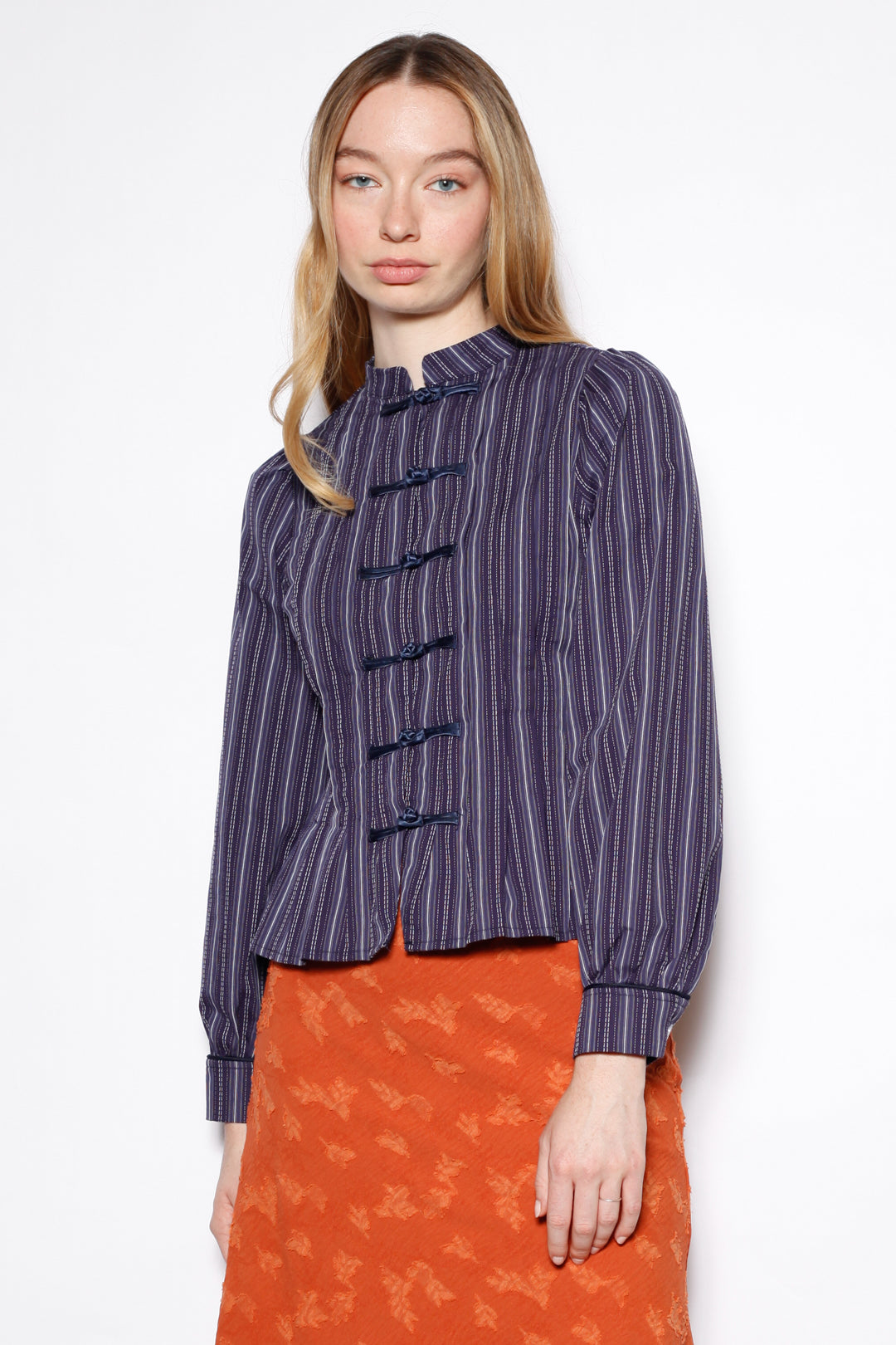 Navy Stripe Cotton Frog Closure Shirt