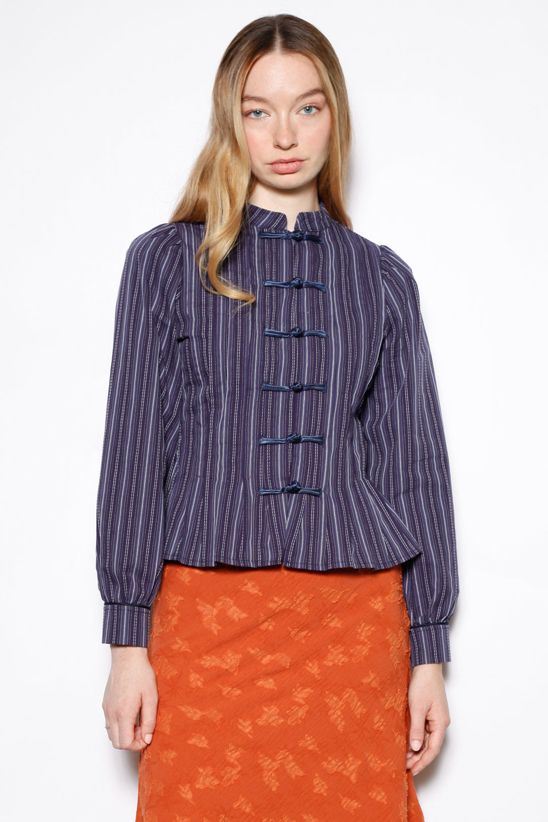 Navy Stripe Cotton Frog Closure Shirt