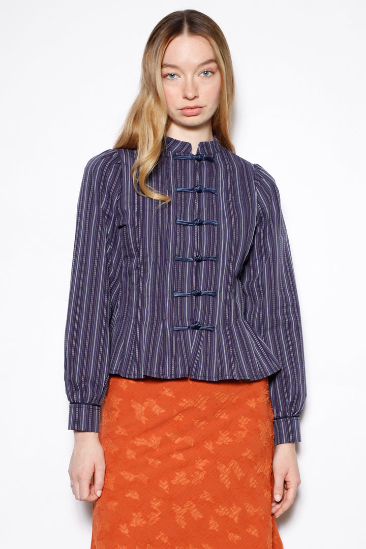 Navy Stripe Cotton Frog Closure Shirt
