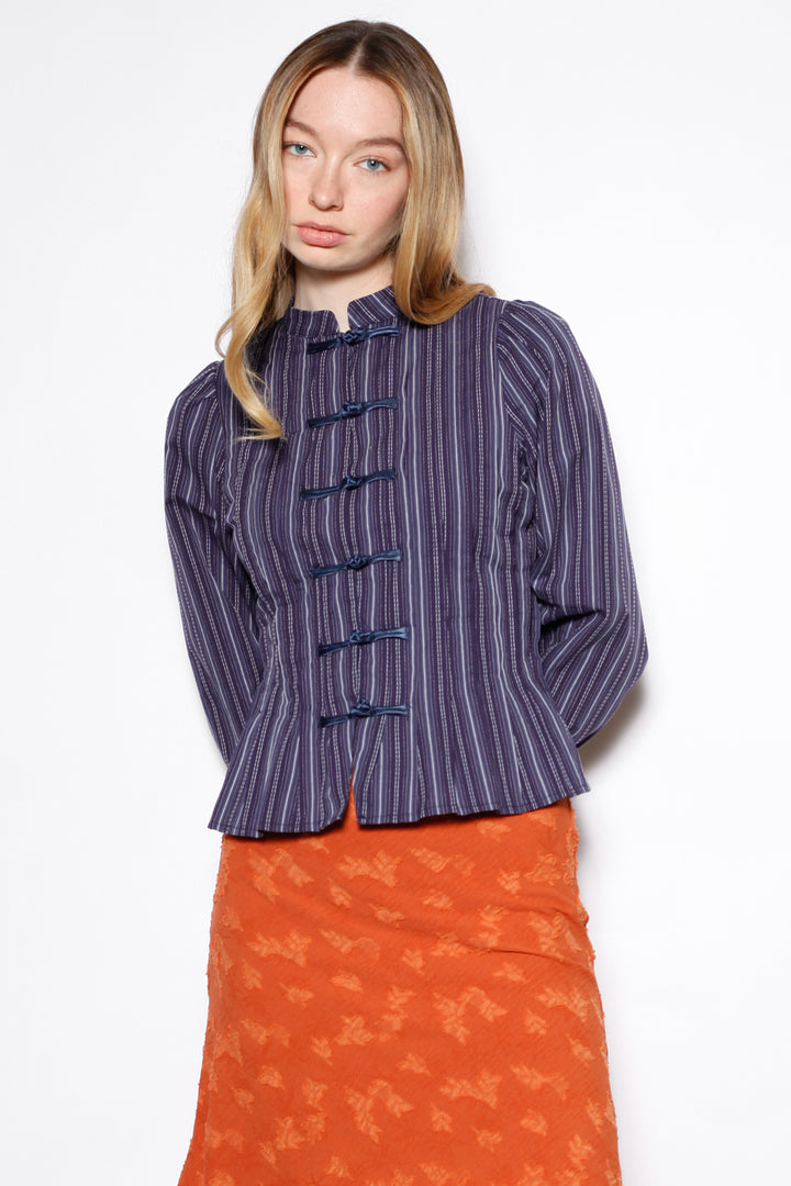 Navy Stripe Cotton Frog Closure Shirt