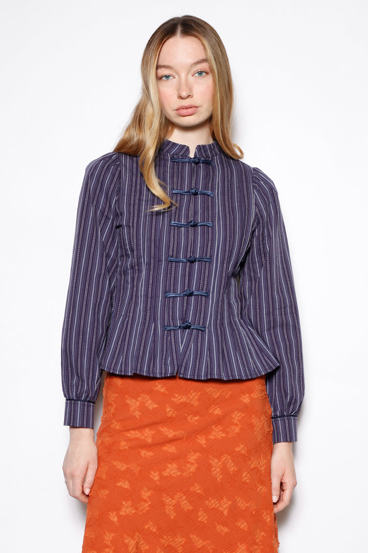 Navy Stripe Cotton Frog Closure Shirt